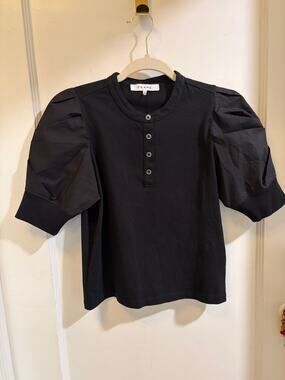 FRAME Frankie Henley Top Black XS Cotton Puff Sleeve Shirt